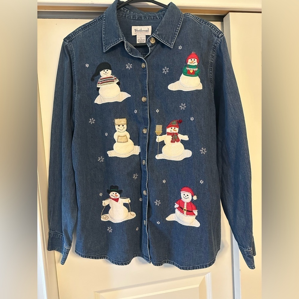 Vintage Christmas Westbound Button Down Blue Jean Shirt Womens L Snowman Holiday